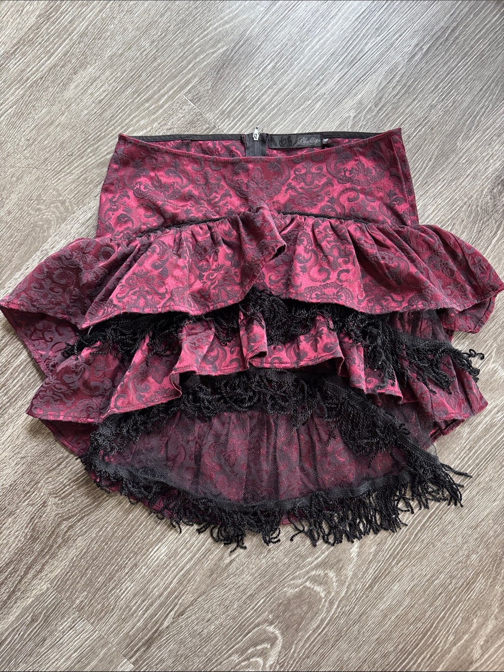 Vintage Lip Service Burgundy Paisley High-Low Ruffled Mini Skirt with Black Lace